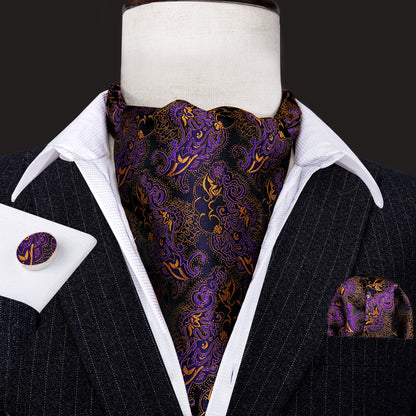 Purple Golden Novelty Paisley Ascot, Pocket Square and Cufflinks ascot    - Sophisticated Gentlemen