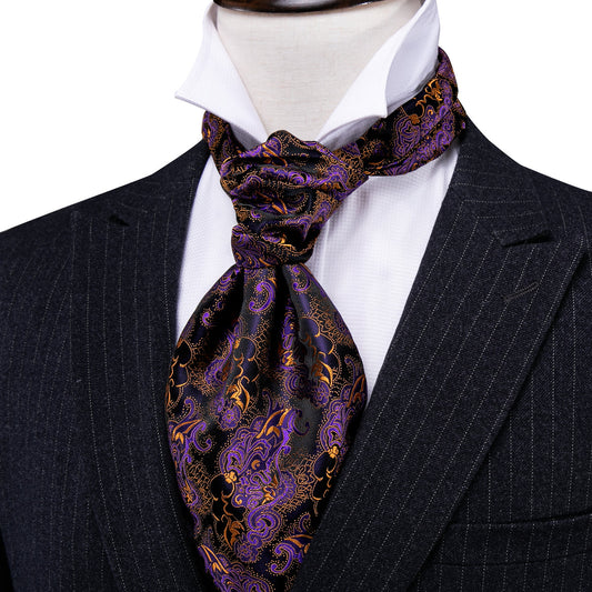 Purple Golden Novelty Paisley Ascot, Pocket Square and Cufflinks ascot    - Sophisticated Gentlemen