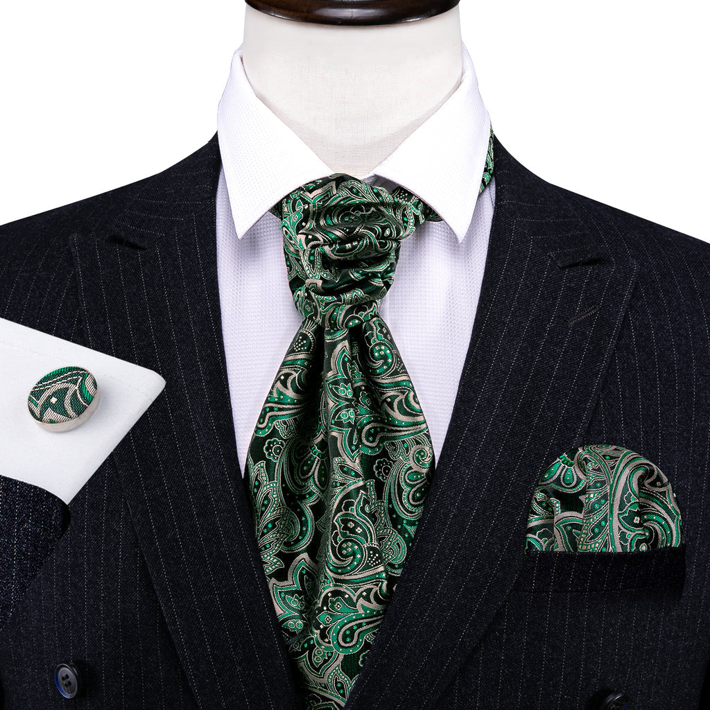 Green Novelty Paisley Ascot, Pocket Square and Cufflinks ascot    - Sophisticated Gentlemen