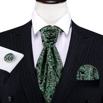 Green Novelty Paisley Ascot, Pocket Square and Cufflinks ascot    - Sophisticated Gentlemen