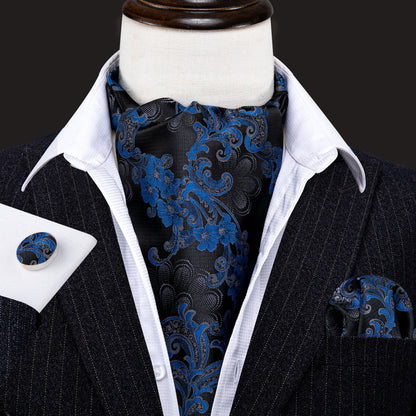 Black Blue Floral Ascot, Pocket Square and Cufflinks ascot    - Sophisticated Gentlemen