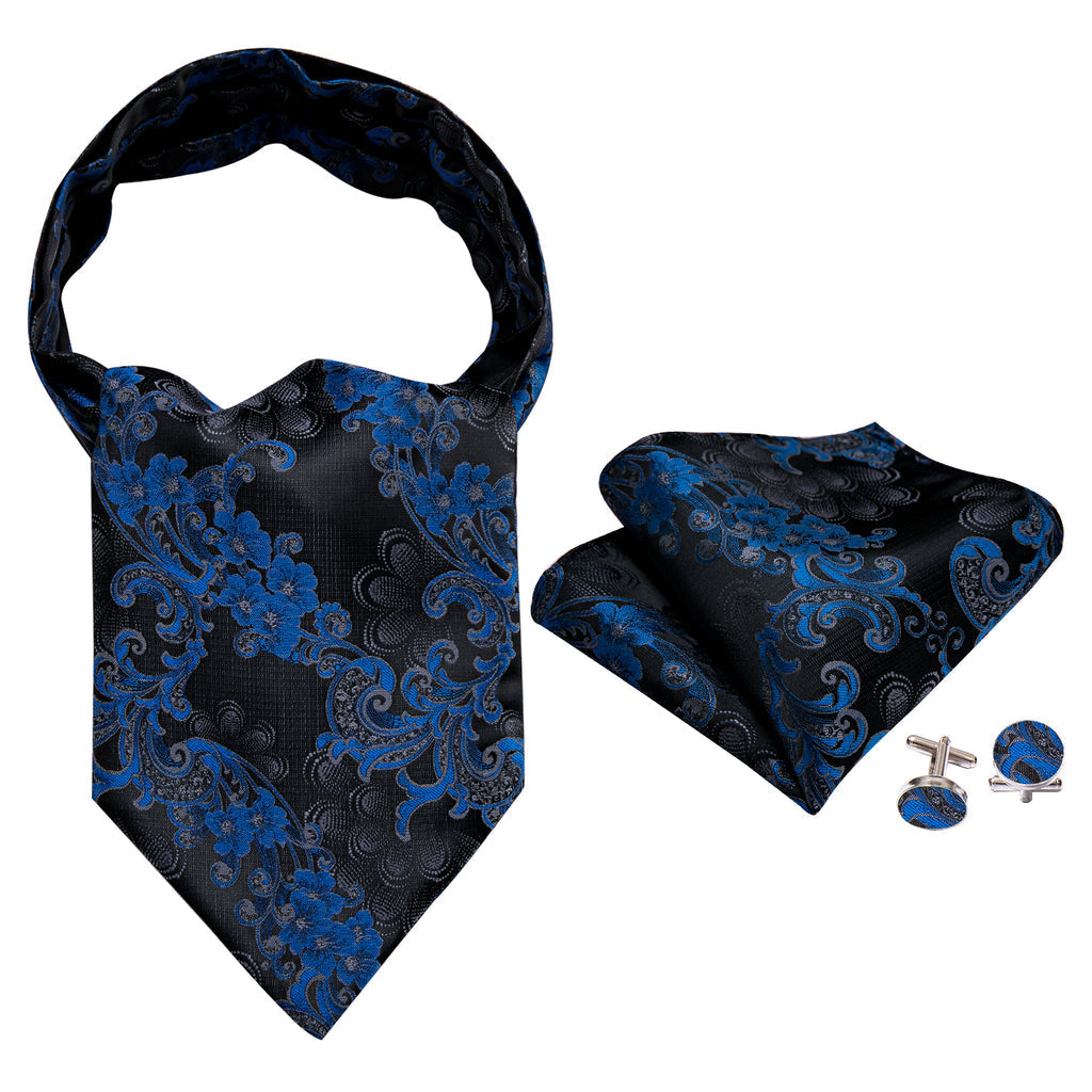 Black Blue Floral Ascot, Pocket Square and Cufflinks ascot    - Sophisticated Gentlemen