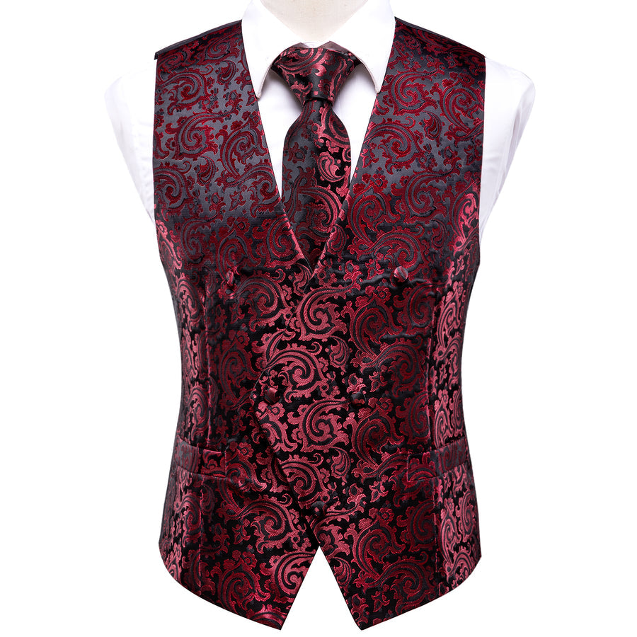 Red Black Paisley Jacquard Silk Vest Set vest set    - Sophisticated Gentlemen