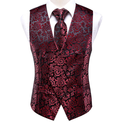Red Black Paisley Jacquard Silk Vest Set vest set    - Sophisticated Gentlemen