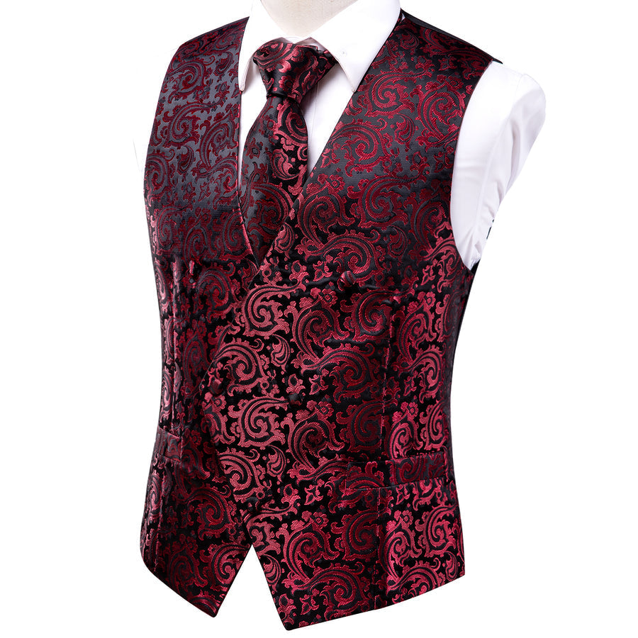 Red Black Paisley Jacquard Silk Vest Set vest set    - Sophisticated Gentlemen
