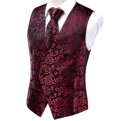 Red Black Paisley Jacquard Silk Vest Set vest set    - Sophisticated Gentlemen