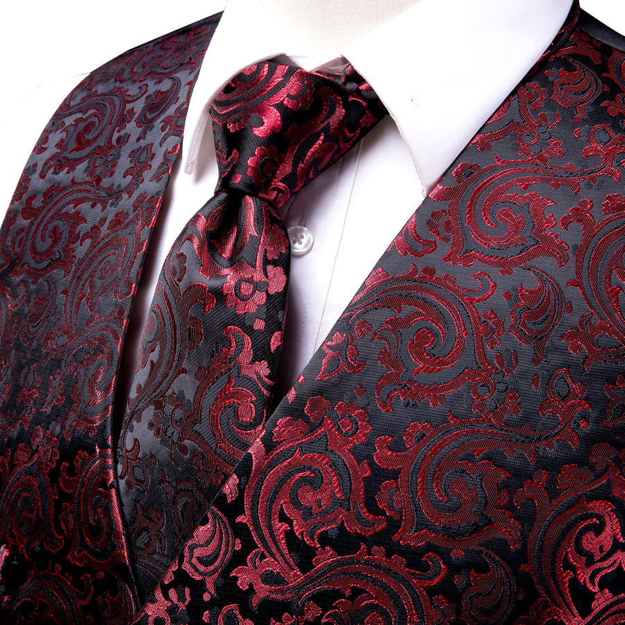 Red Black Paisley Jacquard Silk Vest Set vest set    - Sophisticated Gentlemen