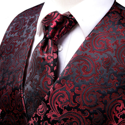 Red Black Paisley Jacquard Silk Vest Set vest set    - Sophisticated Gentlemen