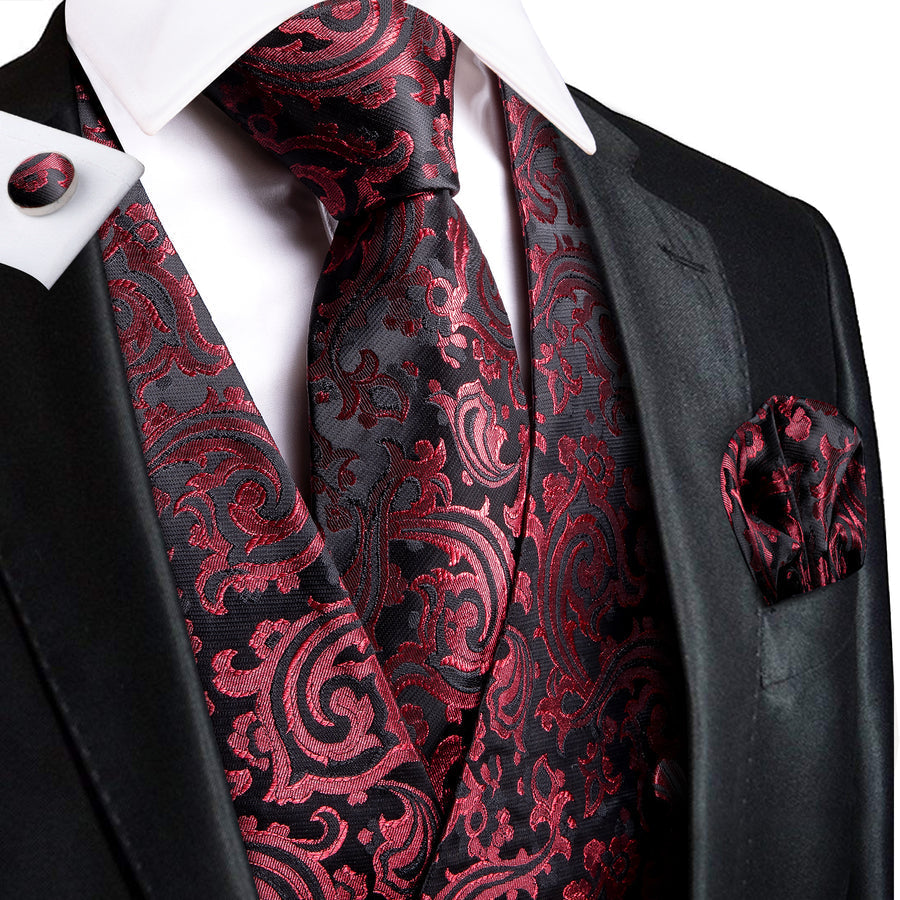 Red Black Paisley Jacquard Silk Vest Set vest set S (Chest 40")   - Sophisticated Gentlemen