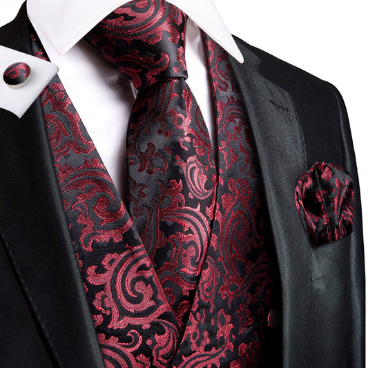 Red Black Paisley Jacquard Silk Vest Set vest set S (Chest 40")   - Sophisticated Gentlemen