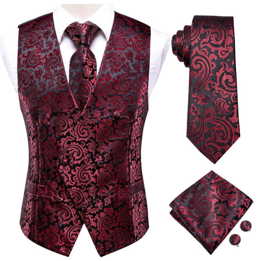 Red Black Paisley Jacquard Silk Vest Set vest set    - Sophisticated Gentlemen