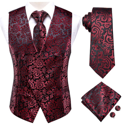 Red Black Paisley Jacquard Silk Vest Set vest set    - Sophisticated Gentlemen