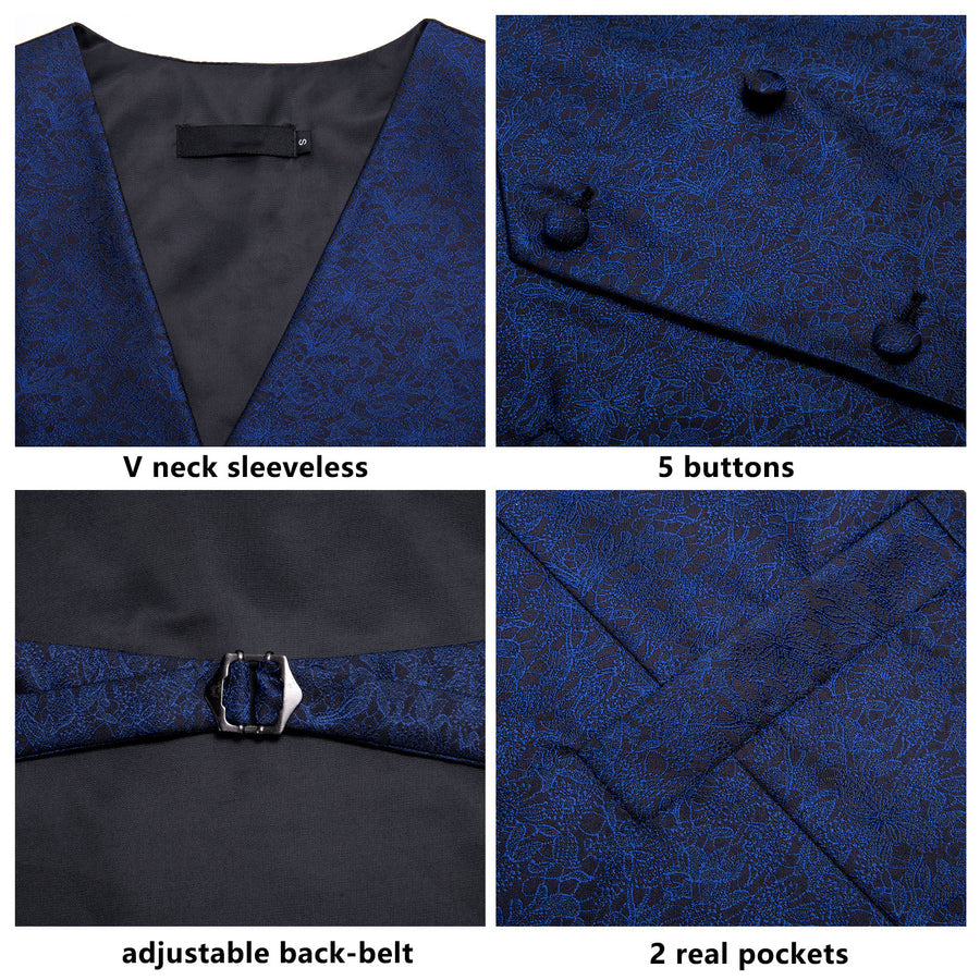 Navy Blue Floral Jacquard Silk Vest Set vest set    - Sophisticated Gentlemen
