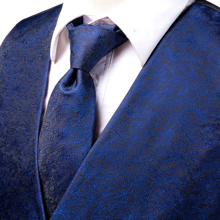 Navy Blue Floral Jacquard Silk Vest Set vest set    - Sophisticated Gentlemen