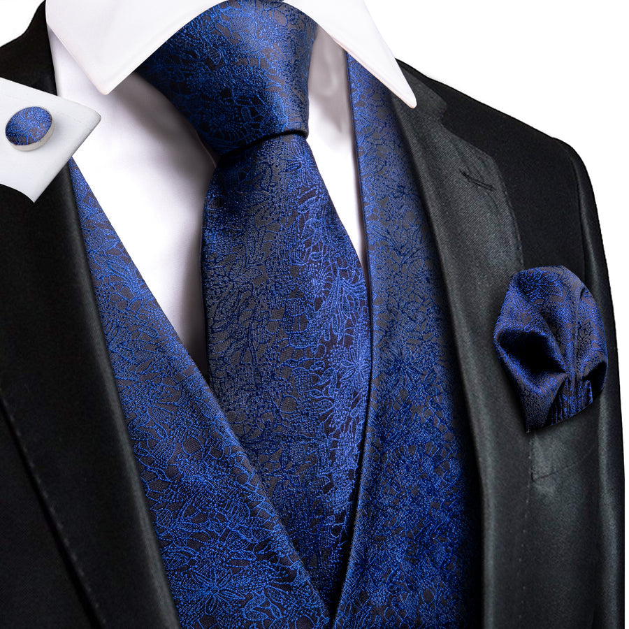 Navy Blue Floral Jacquard Silk Vest Set vest set S (Chest 40")   - Sophisticated Gentlemen