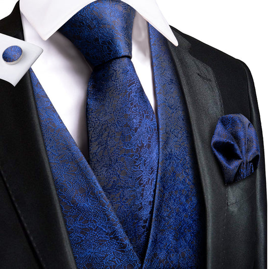 Navy Blue Floral Jacquard Silk Vest Set vest set S (Chest 40")   - Sophisticated Gentlemen