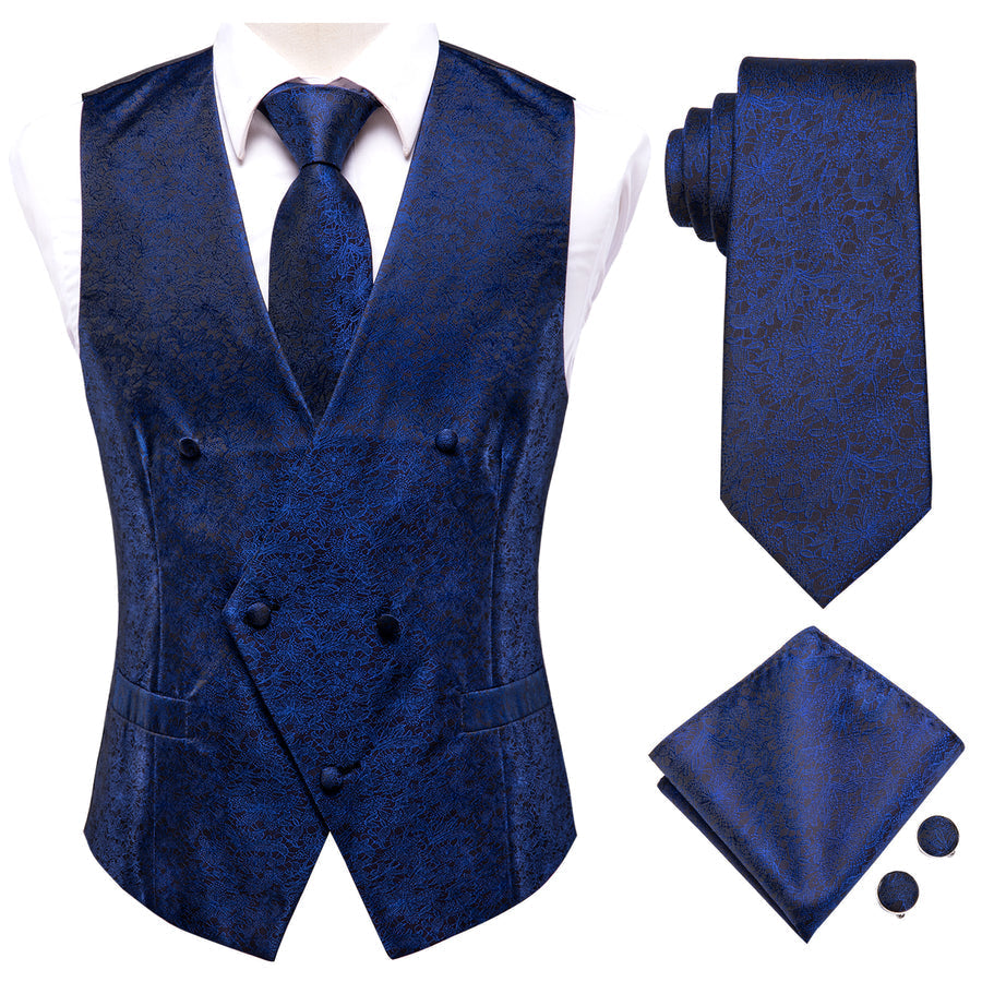Navy Blue Floral Jacquard Silk Vest Set vest set    - Sophisticated Gentlemen