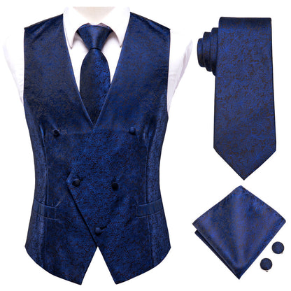 Navy Blue Floral Jacquard Silk Vest Set vest set    - Sophisticated Gentlemen