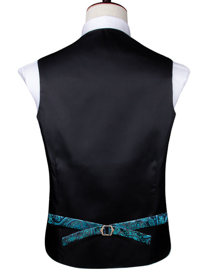 Blue Green Paisley Jacquard Silk Vest Set vest set    - Sophisticated Gentlemen