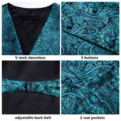 Blue Green Paisley Jacquard Silk Vest Set vest set    - Sophisticated Gentlemen