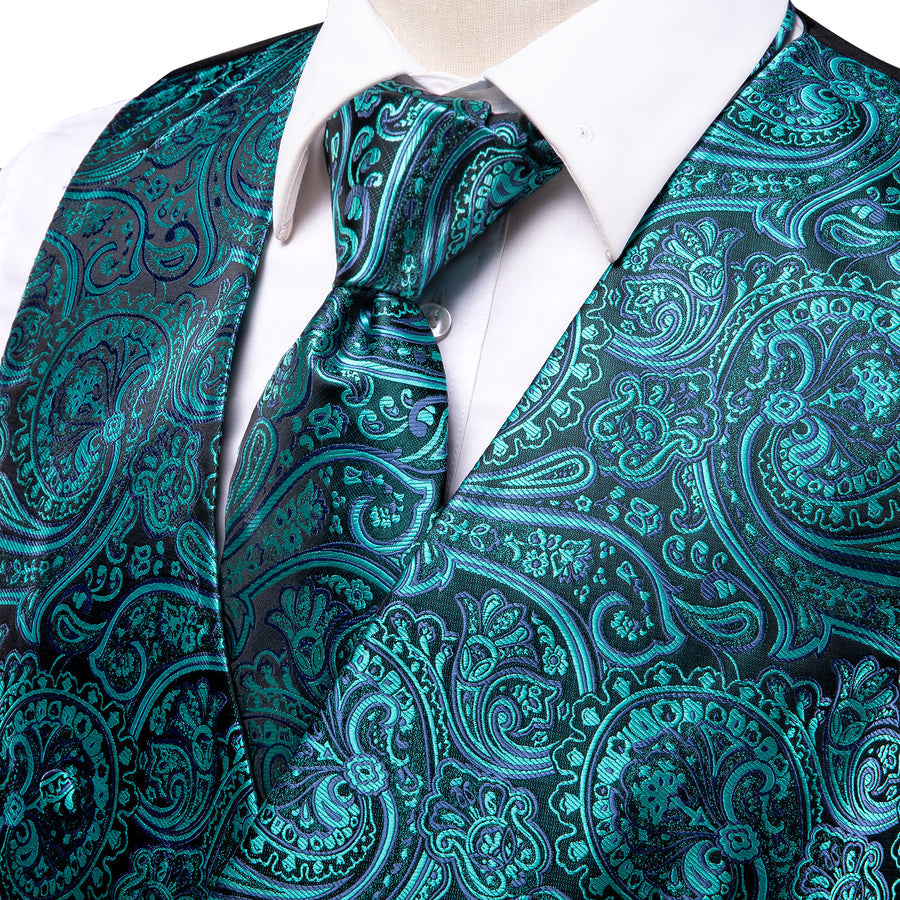Blue Green Paisley Jacquard Silk Vest Set vest set    - Sophisticated Gentlemen