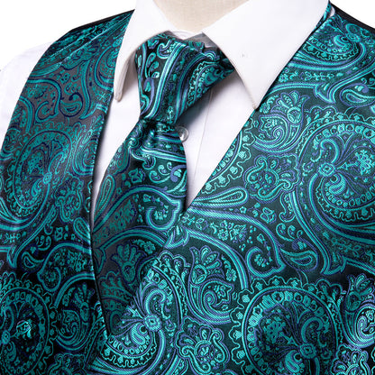 Blue Green Paisley Jacquard Silk Vest Set vest set    - Sophisticated Gentlemen