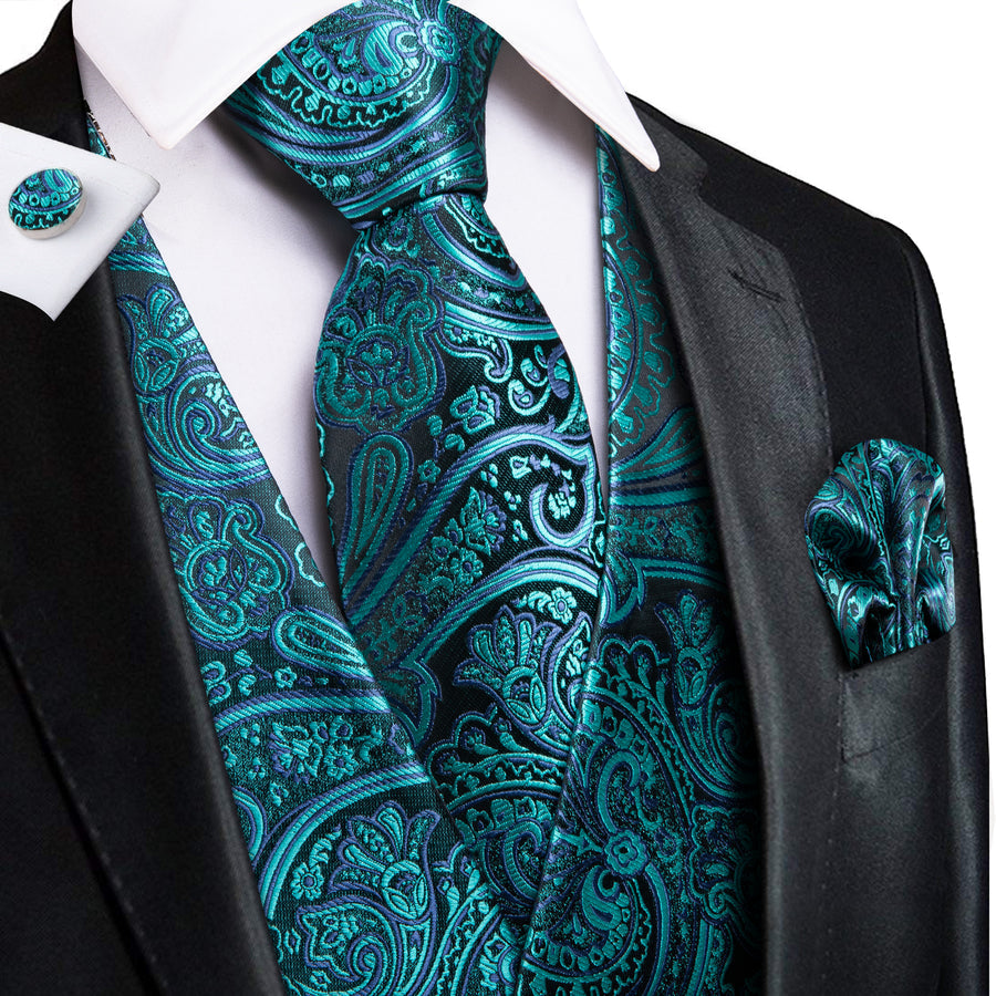 Blue Green Paisley Jacquard Silk Vest Set vest set S (Chest 40")   - Sophisticated Gentlemen