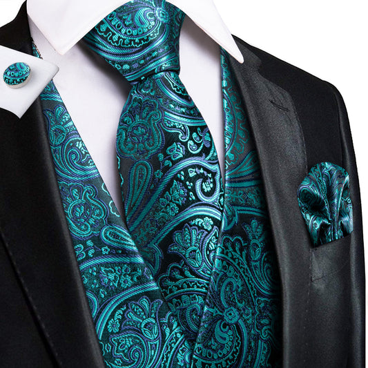 Blue Green Paisley Jacquard Silk Vest Set vest set S (Chest 40")   - Sophisticated Gentlemen