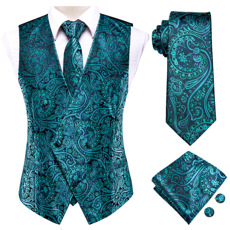Blue Green Paisley Jacquard Silk Vest Set vest set    - Sophisticated Gentlemen