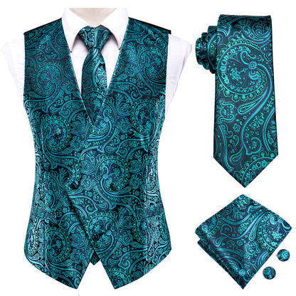 Blue Green Paisley Jacquard Silk Vest Set vest set    - Sophisticated Gentlemen