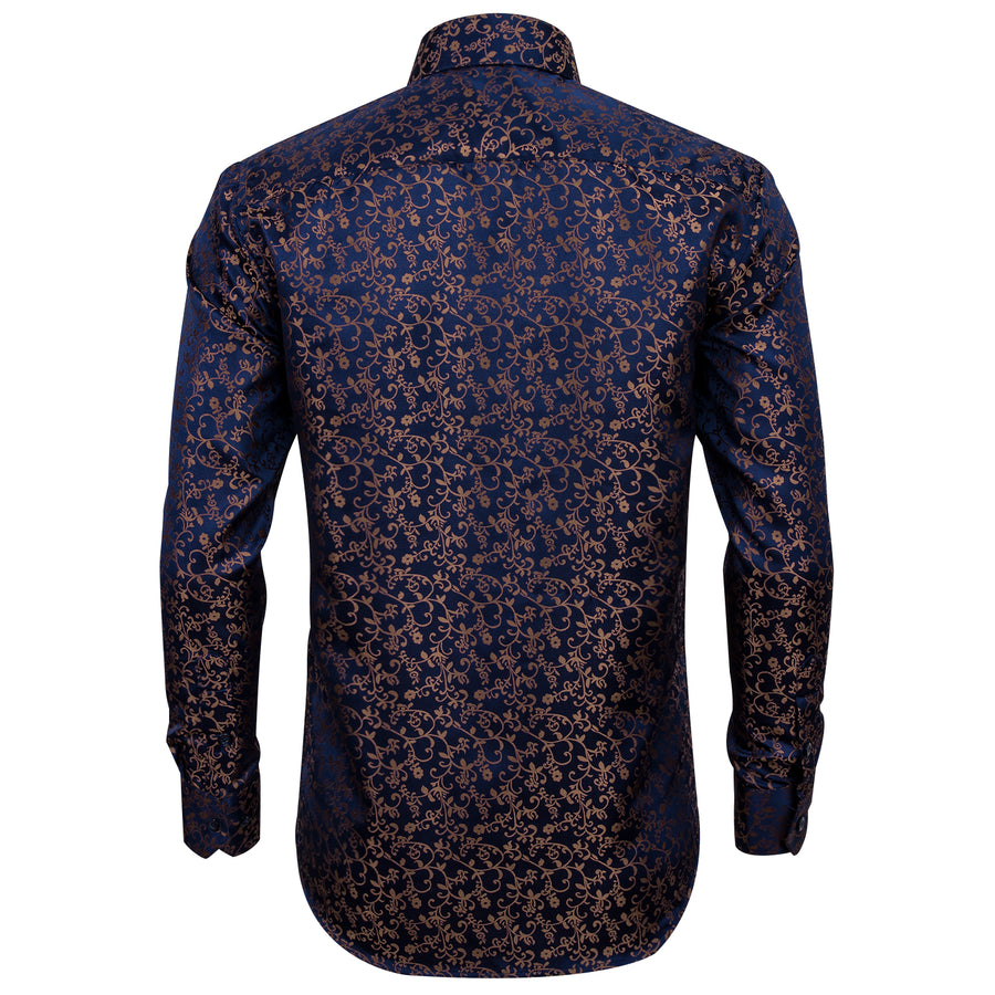 Navy Blue Golden Floral Silk Dress Shirt shirt    - Sophisticated Gentlemen