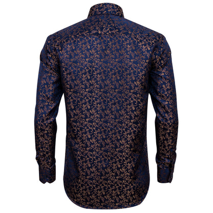 Navy Blue Golden Floral Silk Dress Shirt shirt    - Sophisticated Gentlemen