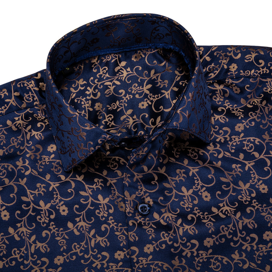 Navy Blue Golden Floral Silk Dress Shirt shirt    - Sophisticated Gentlemen