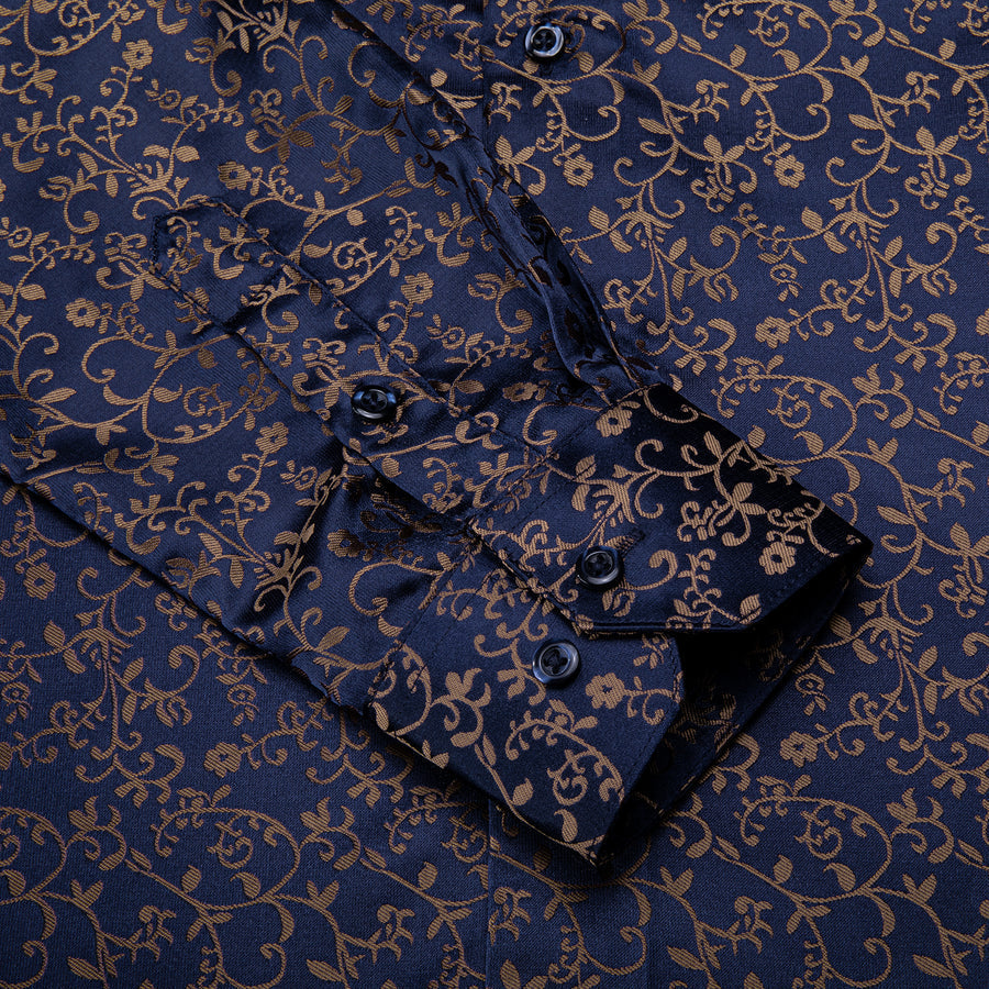 Navy Blue Golden Floral Silk Dress Shirt shirt    - Sophisticated Gentlemen