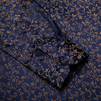 Navy Blue Golden Floral Silk Dress Shirt shirt    - Sophisticated Gentlemen