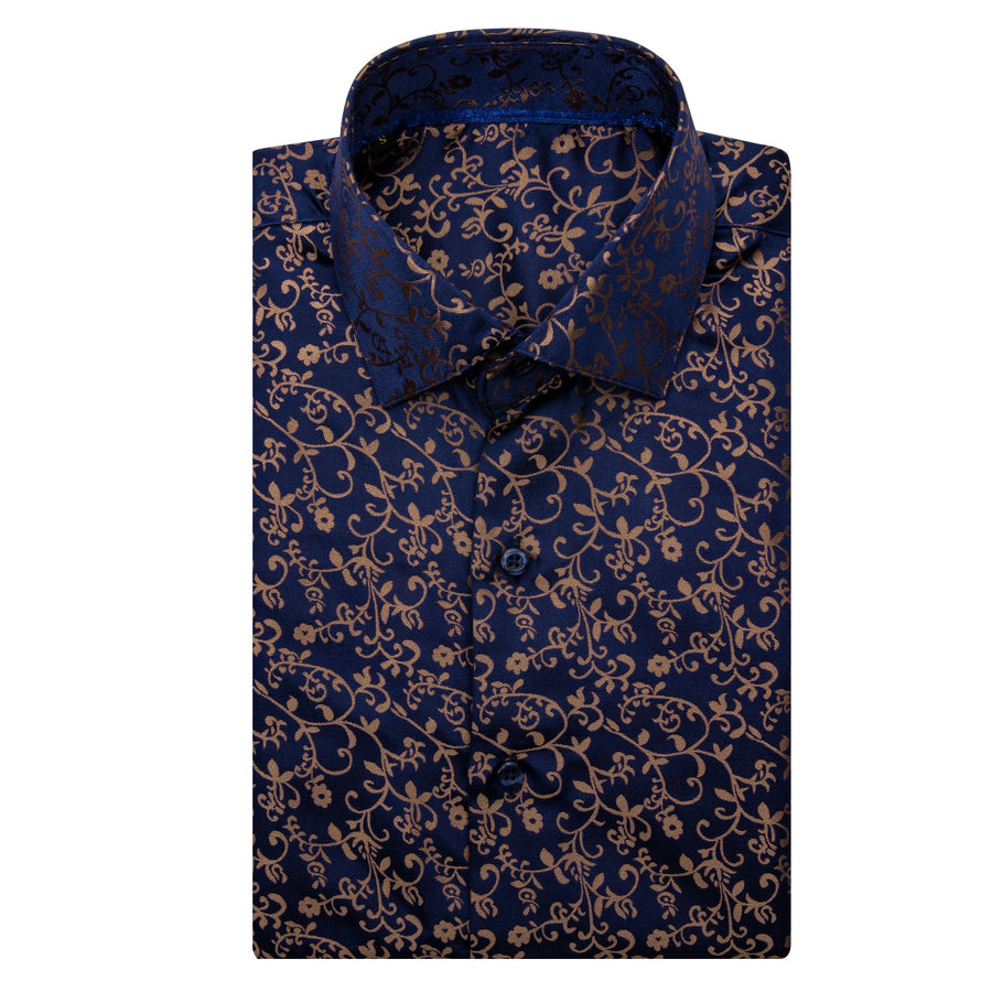 Navy Blue Golden Floral Silk Dress Shirt shirt    - Sophisticated Gentlemen
