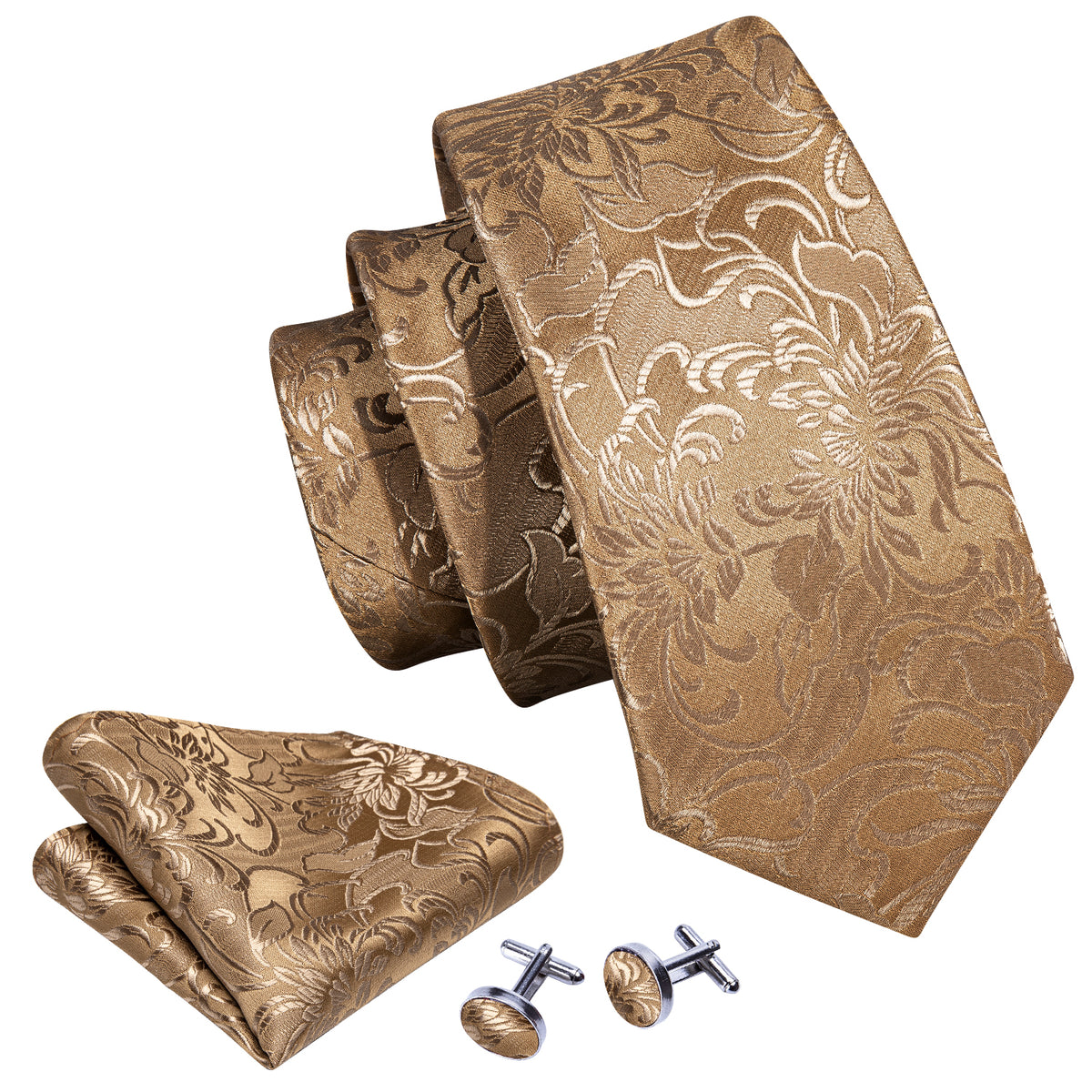 Champagne Gold Floral Tie, Pocket Square and Cufflinks Set tie sets    - Sophisticated Gentlemen