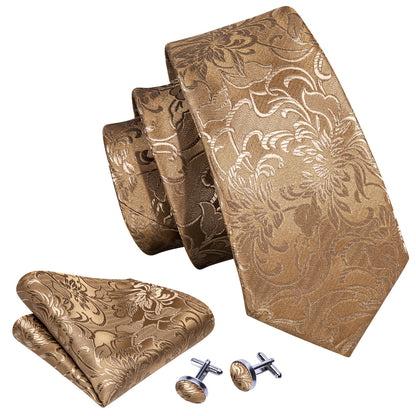 Champagne Gold Floral Tie, Pocket Square and Cufflinks Set tie sets    - Sophisticated Gentlemen
