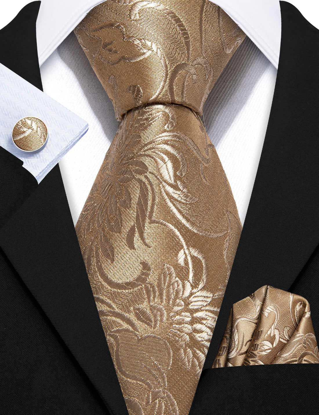 Champagne Gold Floral Tie, Pocket Square and Cufflinks Set tie sets    - Sophisticated Gentlemen
