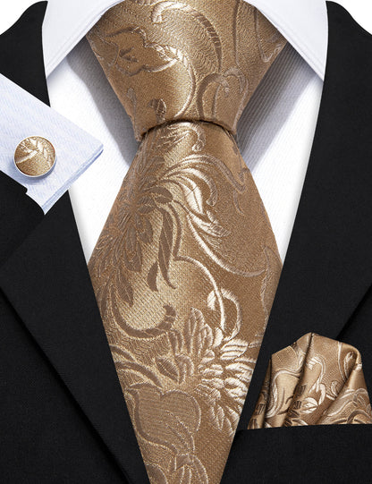 Champagne Gold Floral Tie, Pocket Square and Cufflinks Set tie sets    - Sophisticated Gentlemen