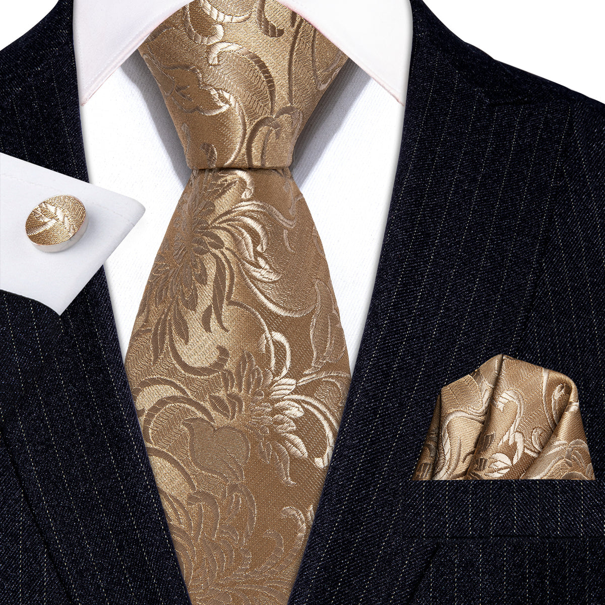 Champagne Gold Floral Tie, Pocket Square and Cufflinks Set tie sets    - Sophisticated Gentlemen