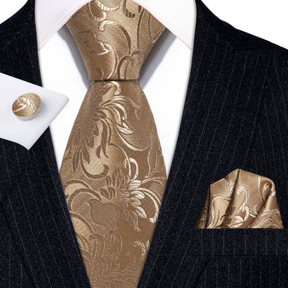 Champagne Gold Floral Tie, Pocket Square and Cufflinks Set tie sets    - Sophisticated Gentlemen
