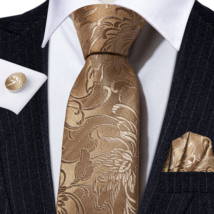 Champagne Gold Floral Tie, Pocket Square and Cufflinks Set tie sets    - Sophisticated Gentlemen