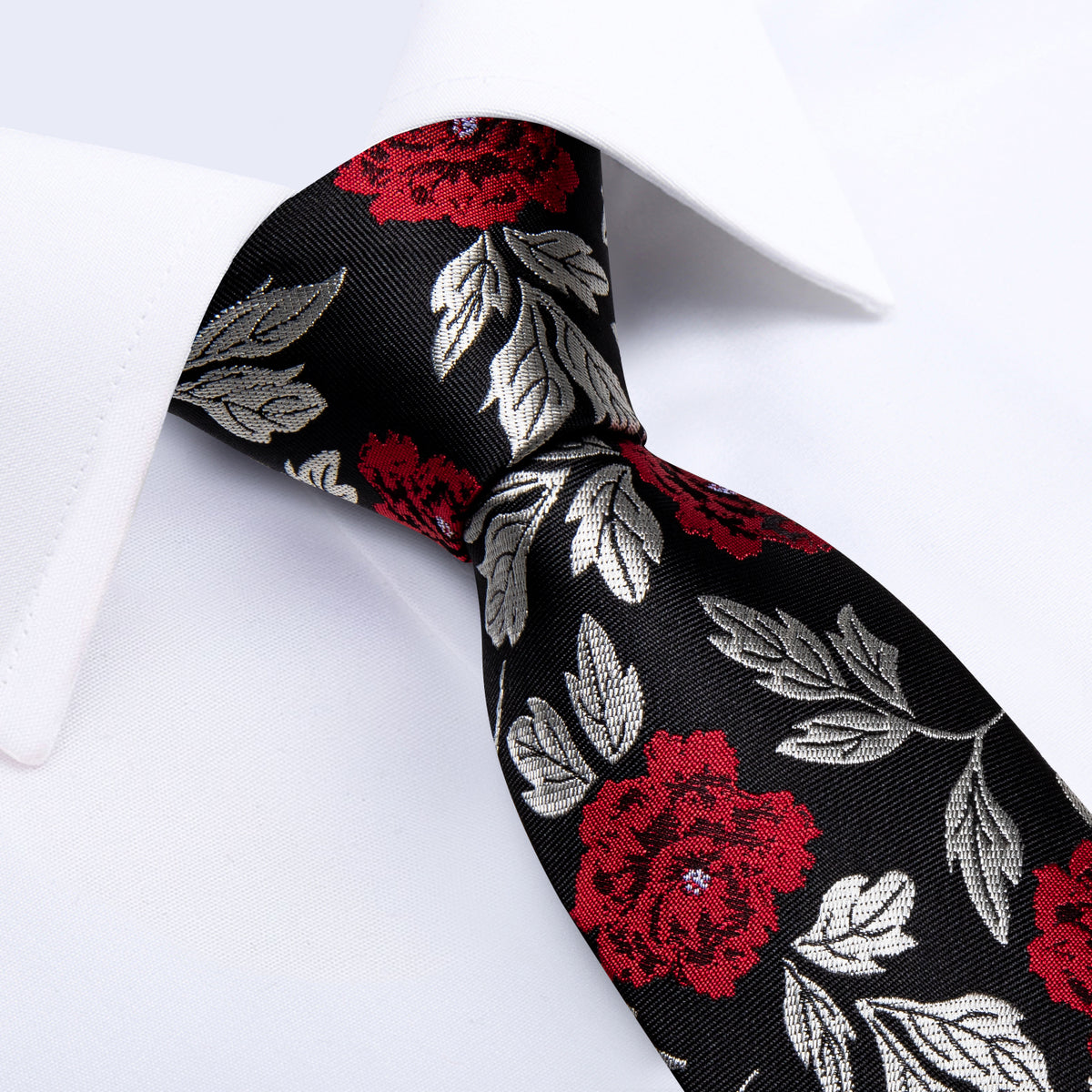 Silver, Red and Black Floral Silk Tie, Pocket Square and Cufflinks tie sets    - Sophisticated Gentlemen