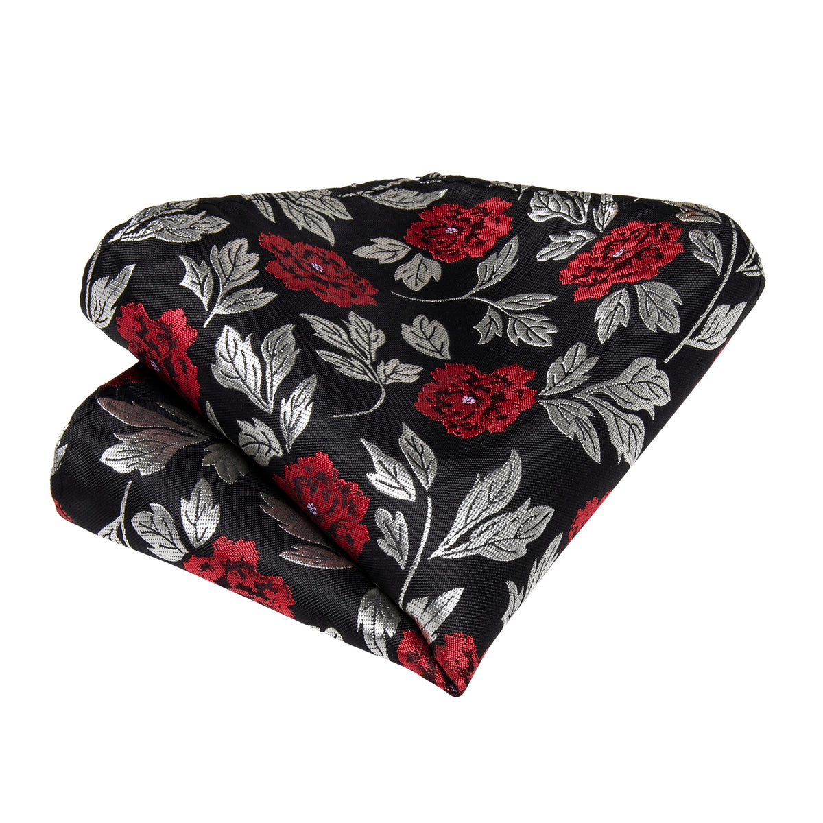 Silver, Red and Black Floral Silk Tie, Pocket Square and Cufflinks tie sets    - Sophisticated Gentlemen