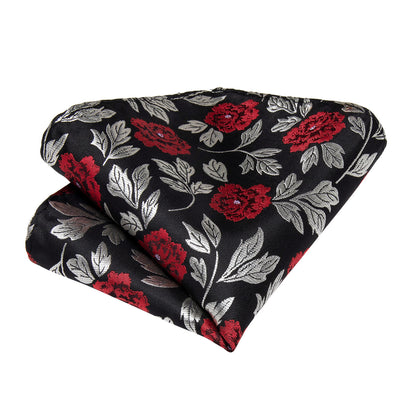 Silver, Red and Black Floral Silk Tie, Pocket Square and Cufflinks tie sets    - Sophisticated Gentlemen