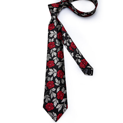 Silver, Red and Black Floral Silk Tie, Pocket Square and Cufflinks tie sets    - Sophisticated Gentlemen