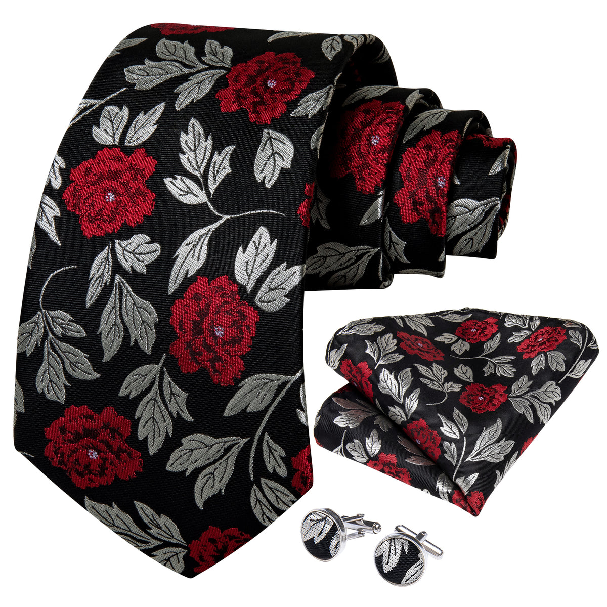 Silver, Red and Black Floral Silk Tie, Pocket Square and Cufflinks tie sets    - Sophisticated Gentlemen