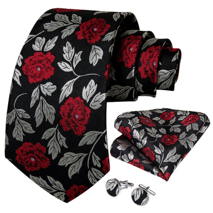 Silver, Red and Black Floral Silk Tie, Pocket Square and Cufflinks tie sets    - Sophisticated Gentlemen