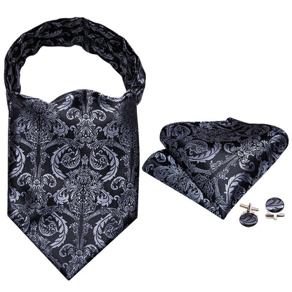 Gray Black Paisley Ascot, Pocket Square and Cufflinks ascot    - Sophisticated Gentlemen
